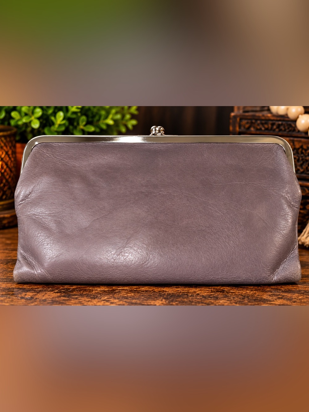 HOBO Gray Taupe Leather Kiss-Lock Clutch Wallet